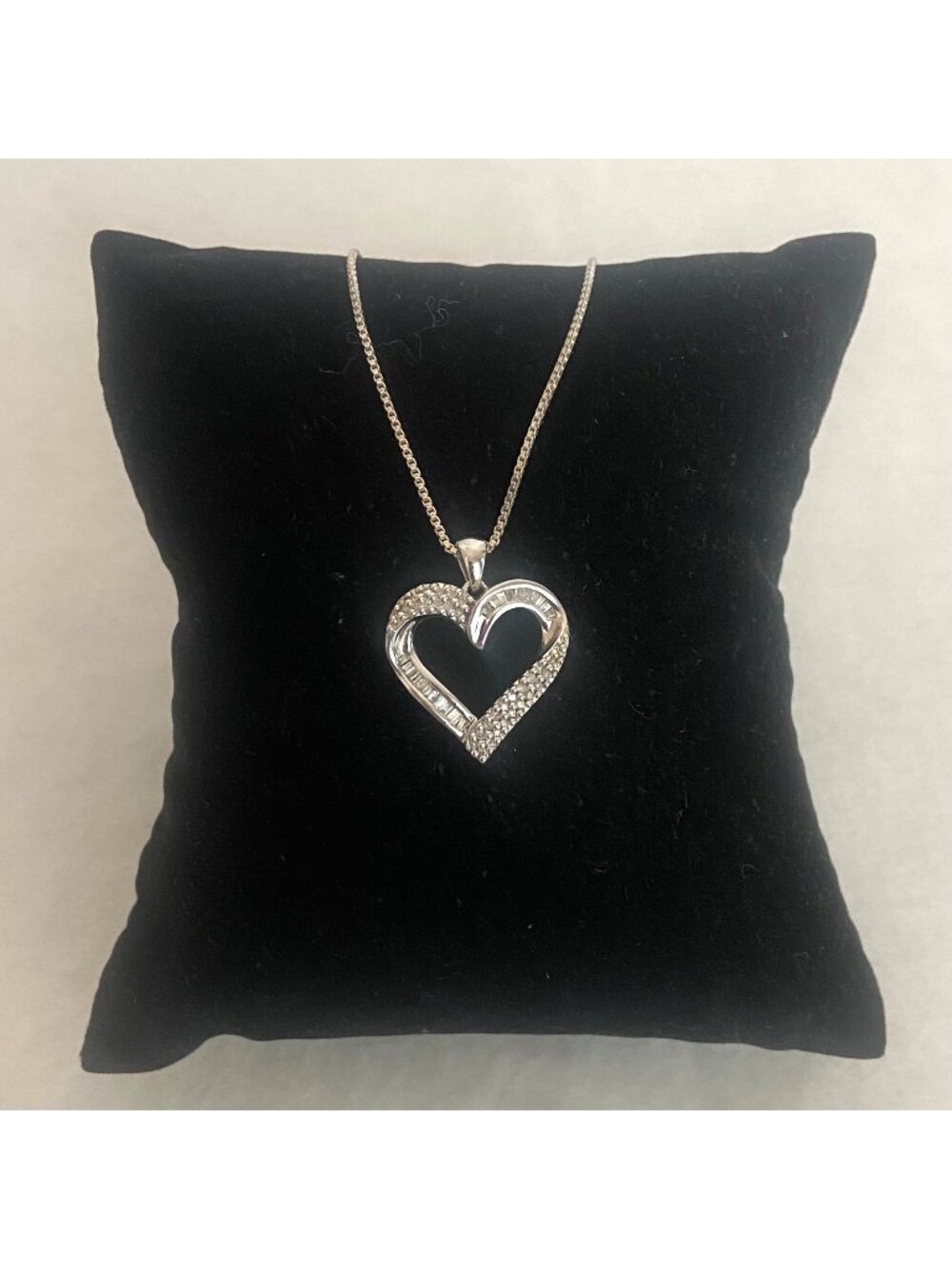 Sterling Silver 925 Round & Baguette Diamond Open Heart Pendant Necklace 16.25"